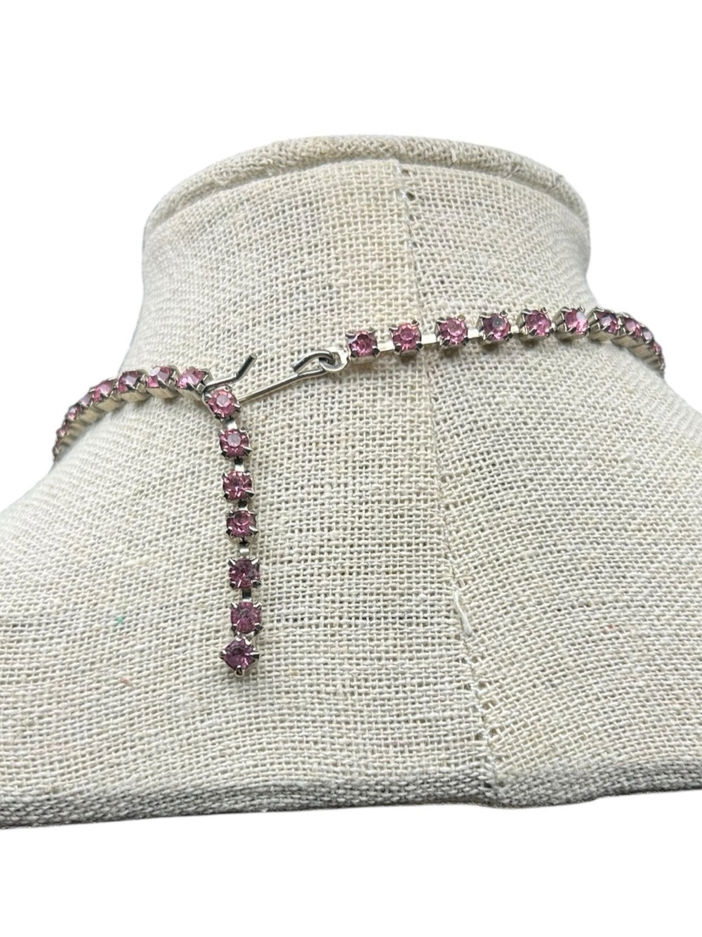 Vintage Pink Rhinestone Olive Green Teardrop Bib Necklace - Picture 3 of 8